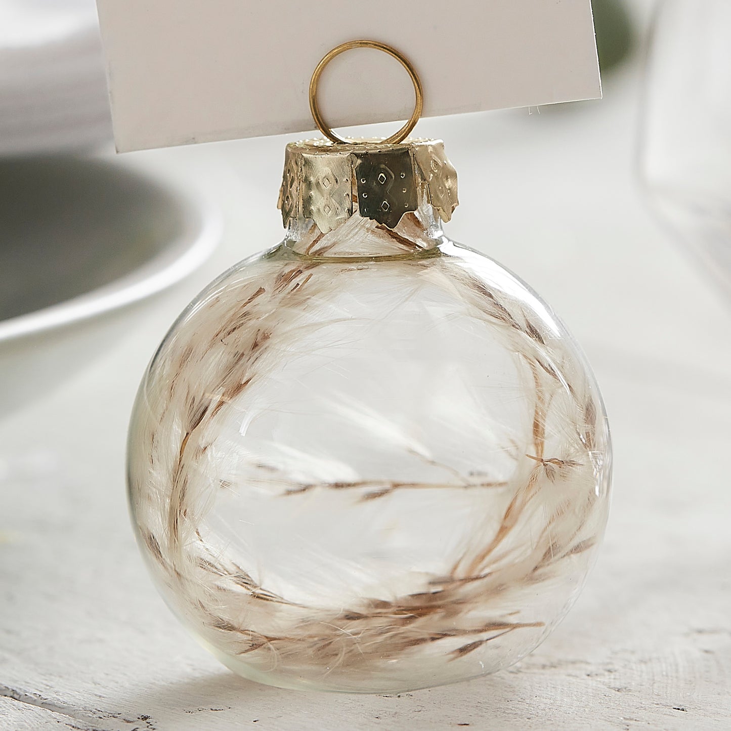 Glass Bauble Christmas Place Card Holders With Pampas Grass