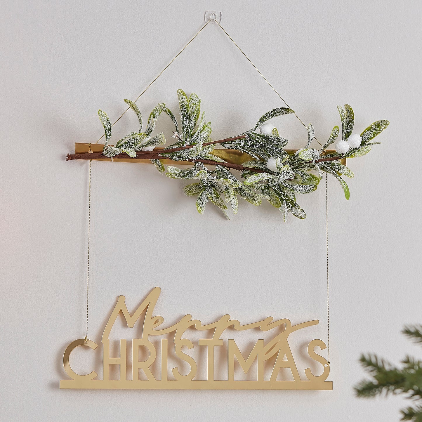 Gold Acrylic Merry Christmas Hanging Decoration with Mistletoe