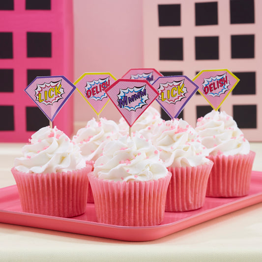 Pink Superhero Cupcake Sticks - Pop Art Superhero Party