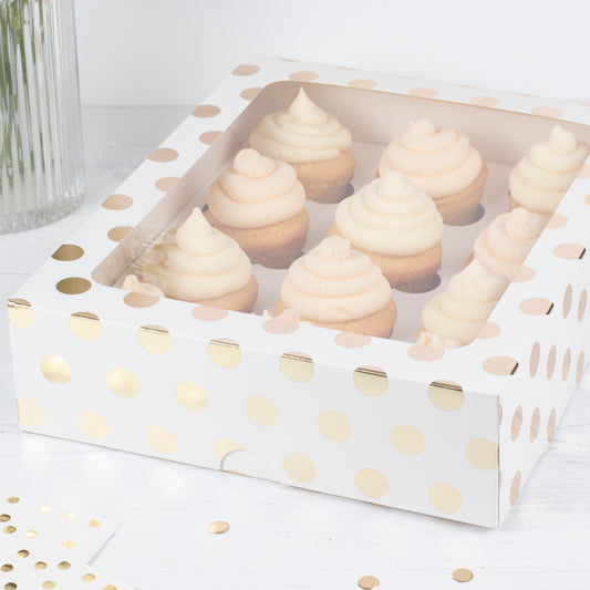 White and Gold Polka Dot 12 Hole Cupcake Box