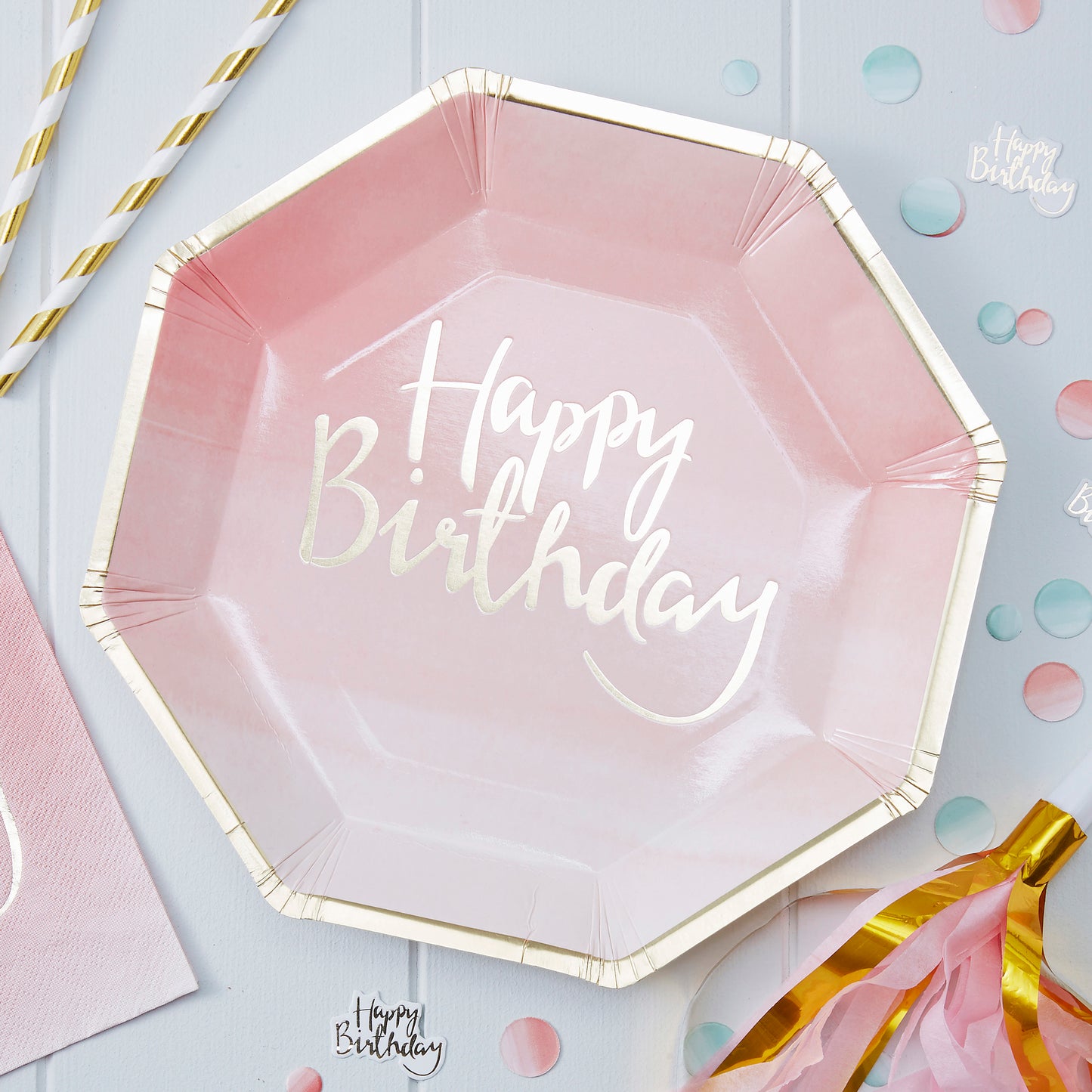 Gold Foiled Pink Ombre Happy Birthday Paper Plates - Pick and Mix