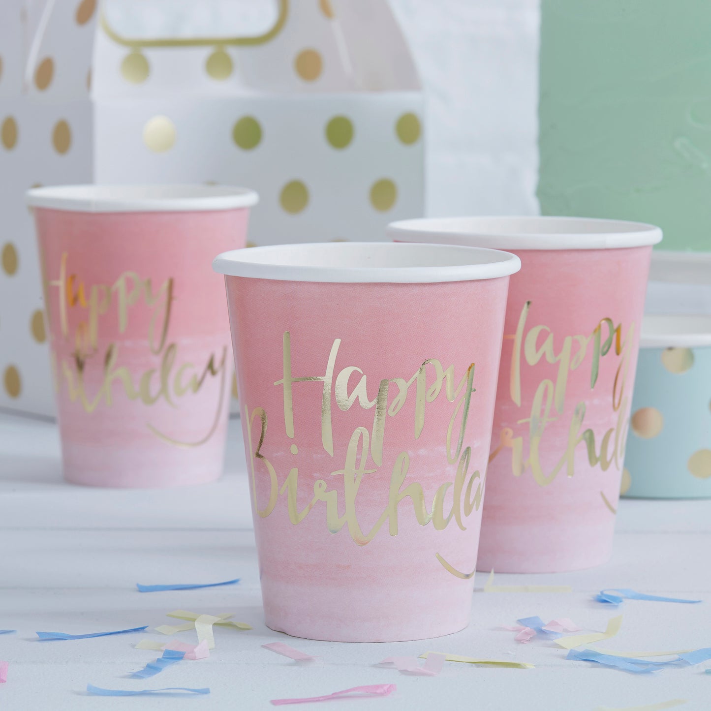 Gold Foiled Pink Ombre Happy Birthday Paper Cups - Pick and Mix