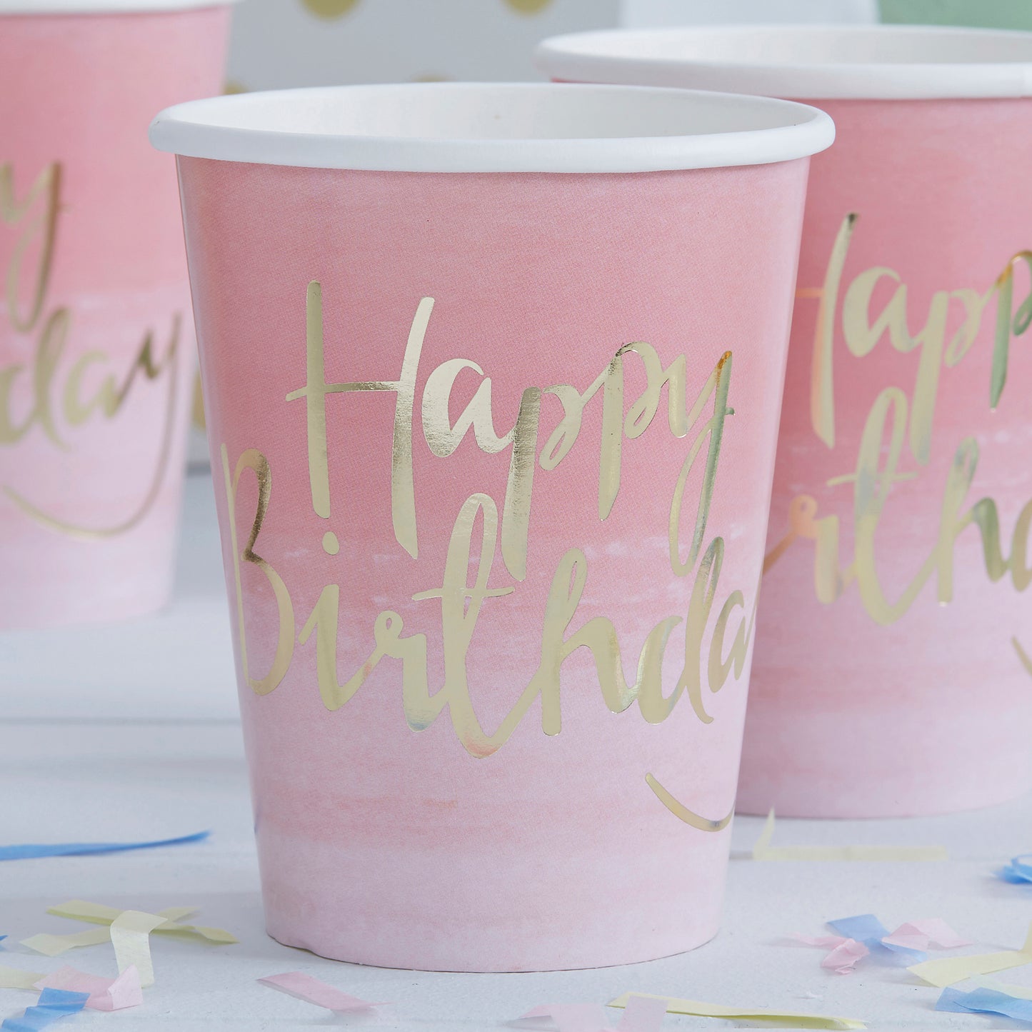 Gold Foiled Pink Ombre Happy Birthday Paper Cups - Pick and Mix