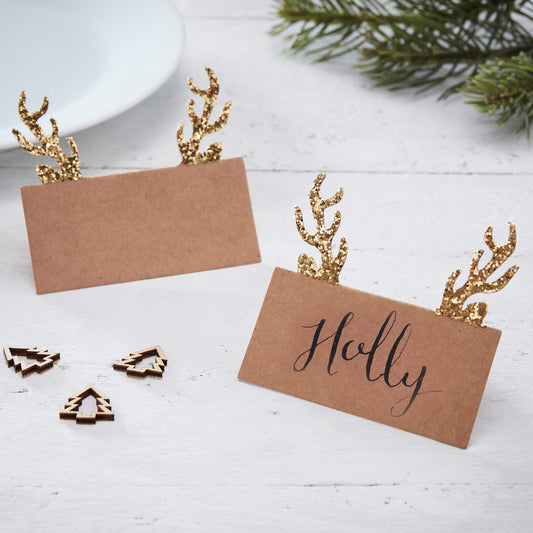 Gold Glitter Kraft Antler Christmas Place Cards