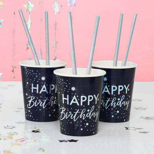 Iridescent Foiled Happy Birthday Paper Cups