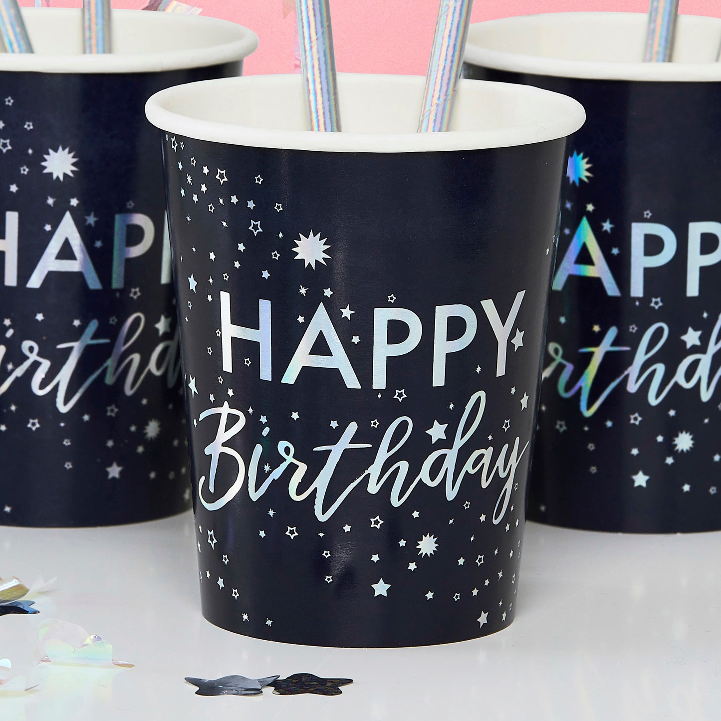 Iridescent Foiled Happy Birthday Paper Cups