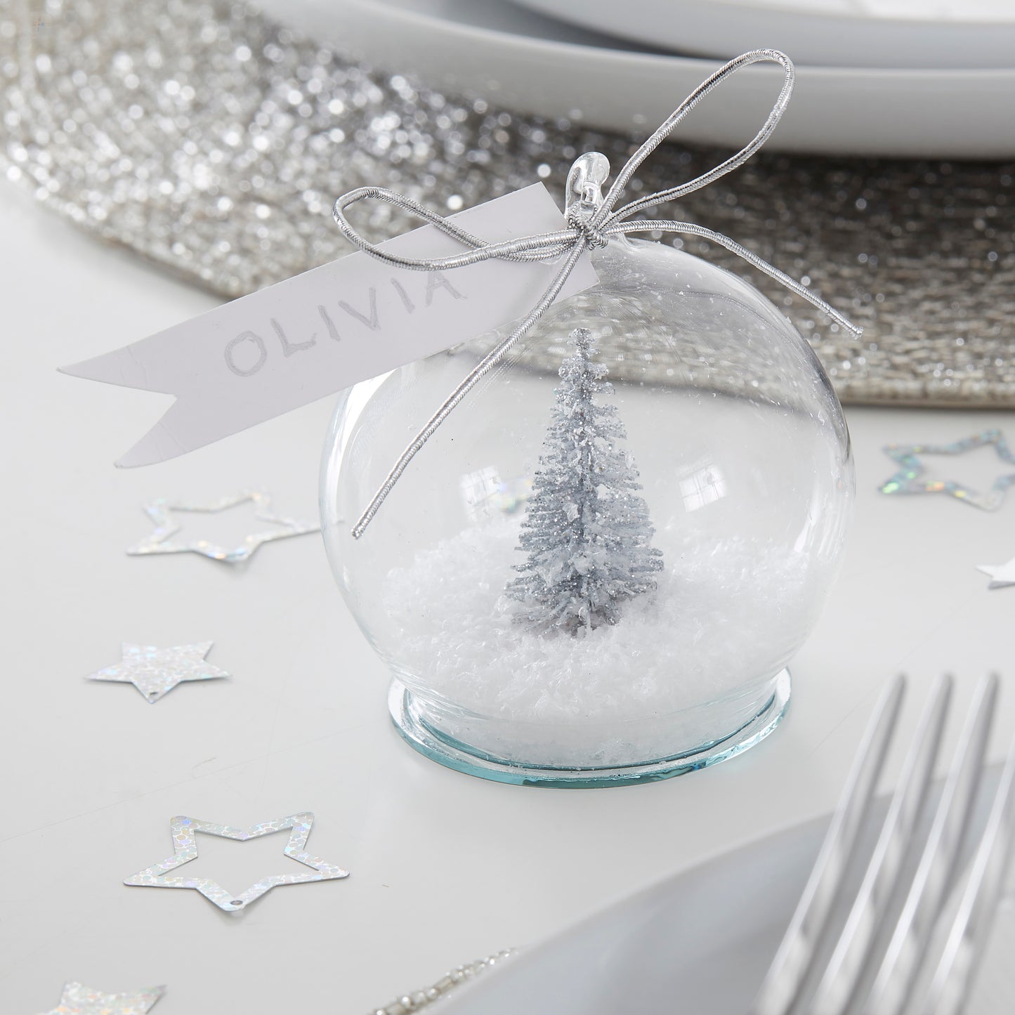 Silver Tree Snow Globe Christmas Place Cards