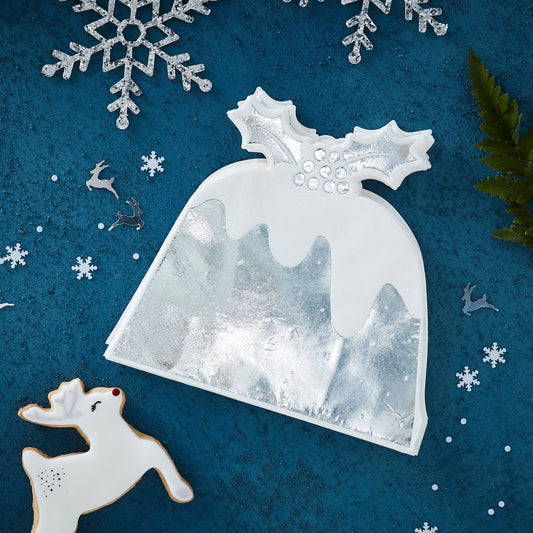 Silver Foiled Christmas Pudding Paper Napkins - Silver Christmas