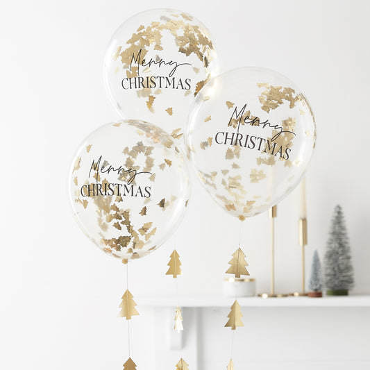 Merry Christmas Confetti Balloons with Gold Christmas Tree Balloon Tails