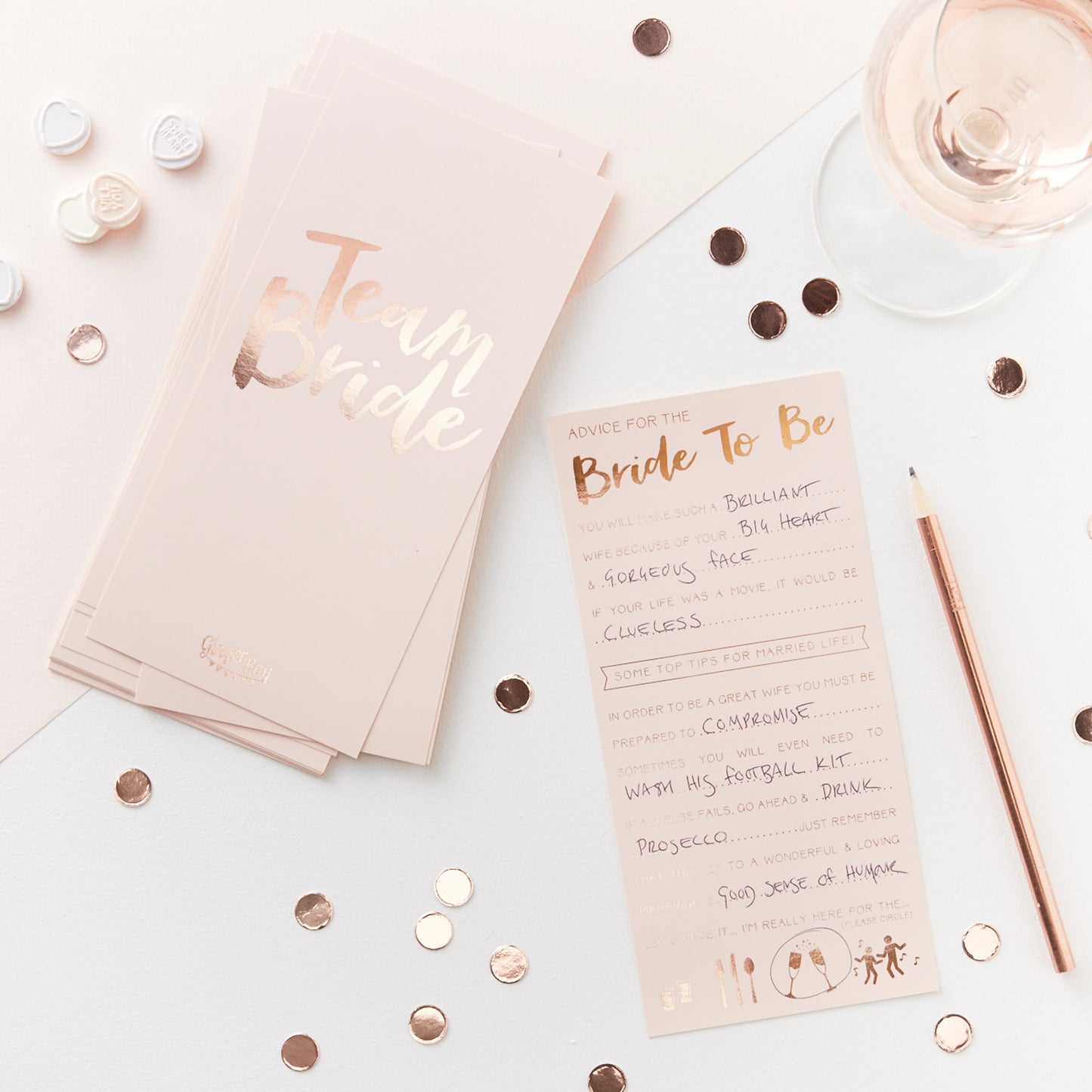 Pink and Rose Gold Advice for the Bride to Be Cards - Team Bride
