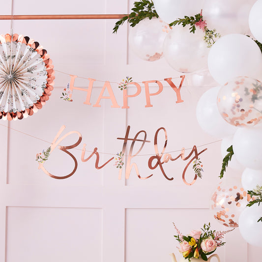 Floral Rose Gold Happy Birthday Banner