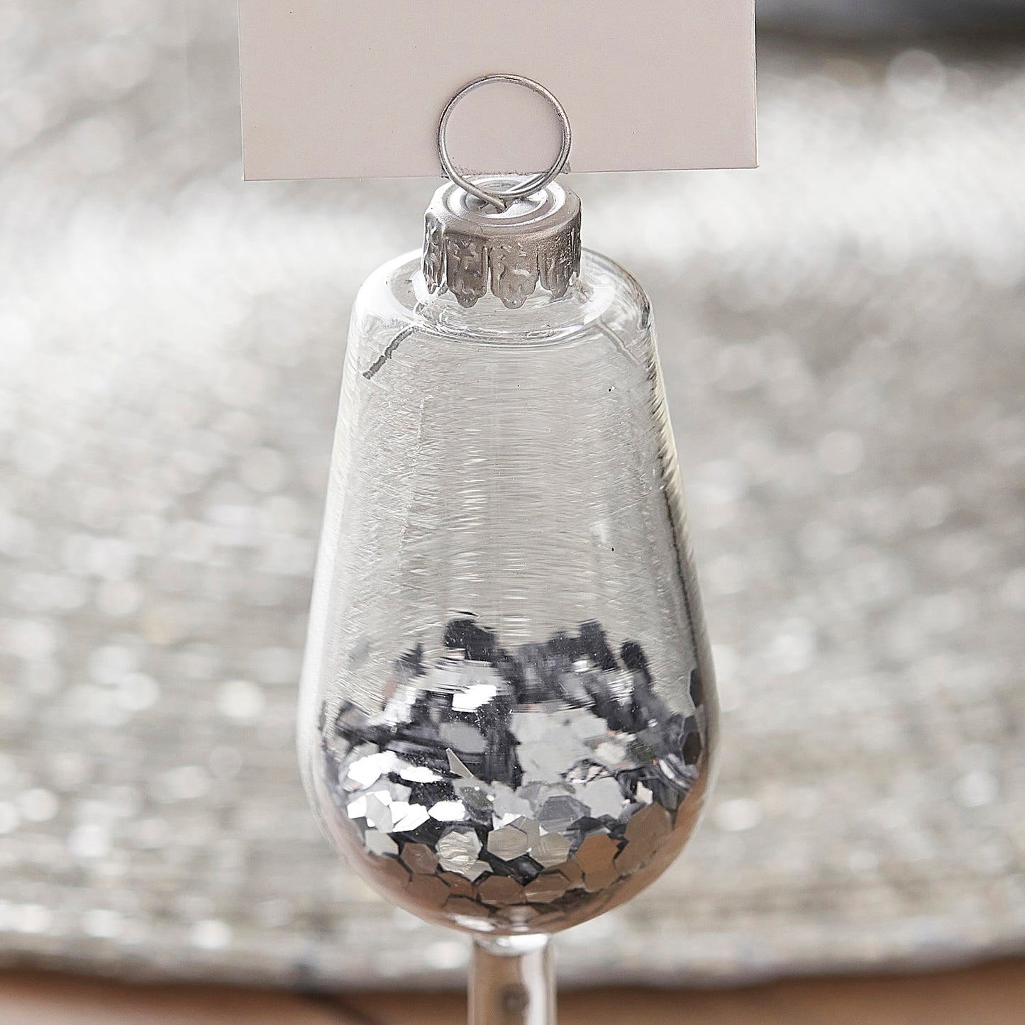 Silver Glitter Filled Wine Glass Christmas Place Card Holders