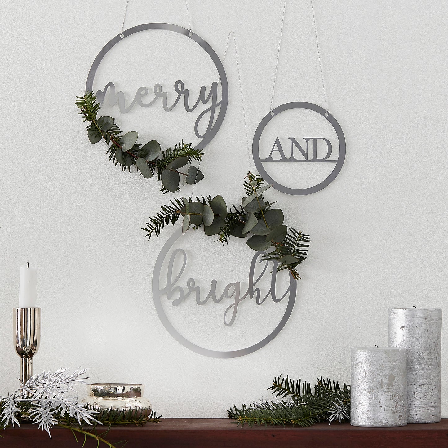 Silver Acrylic Merry and Bright Hanging Christmas Decorations