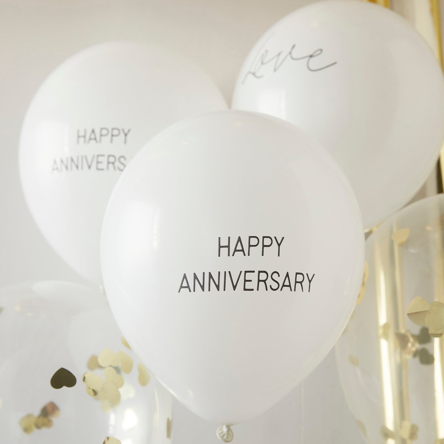 White and Gold Confetti Happy Anniversary Balloons