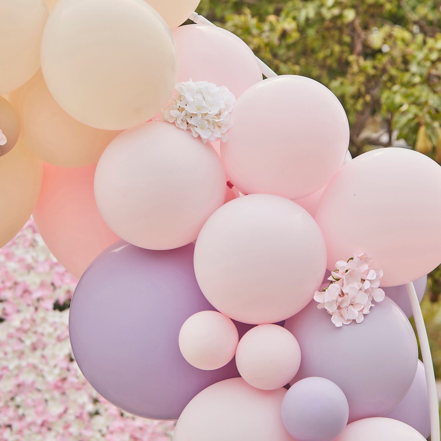 Luxe Pink, Lilac & Grey Balloon Arch with Hydrangeas