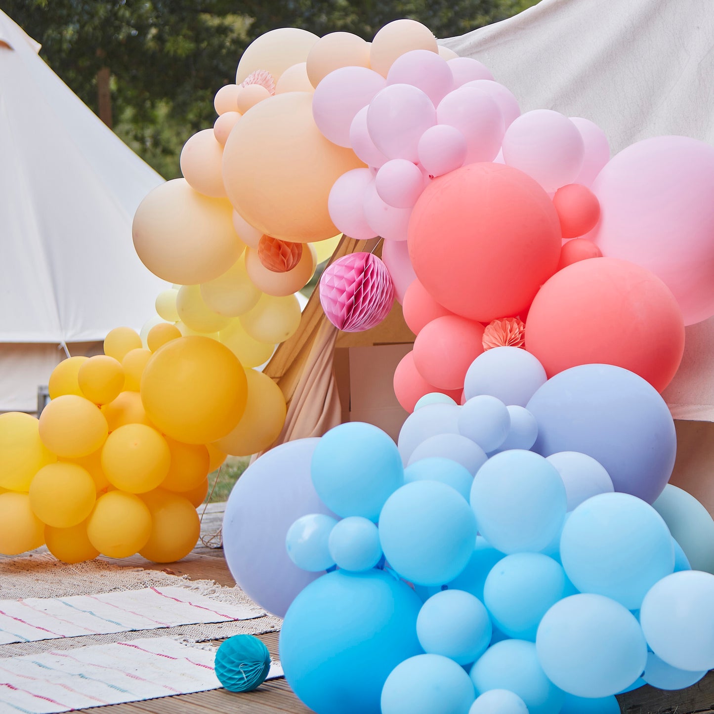 Luxe Bright Balloon Arch with Paper Honeycombs