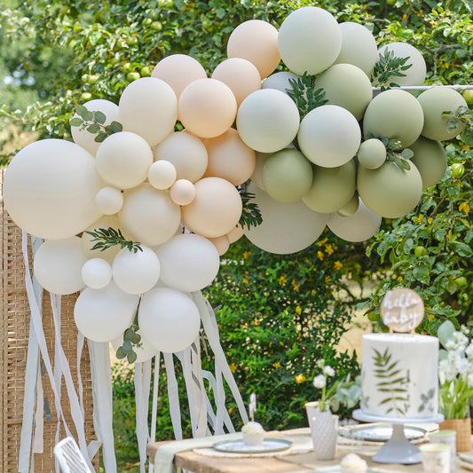 Taupe, Peach & Sage Balloon Arch with Eucalyptus, Sage Foliage and Streamers
