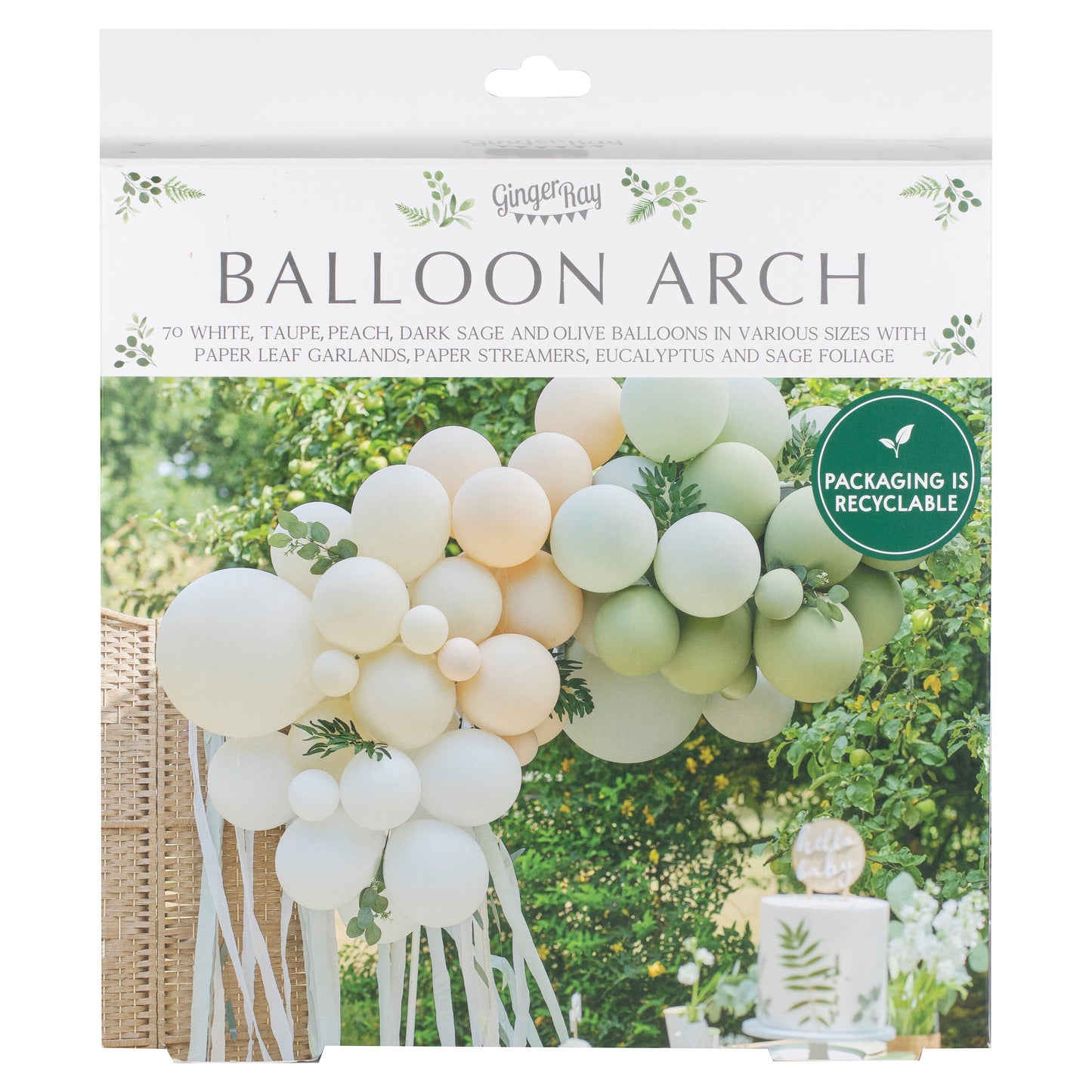Taupe, Peach & Sage Balloon Arch with Eucalyptus, Sage Foliage and Streamers