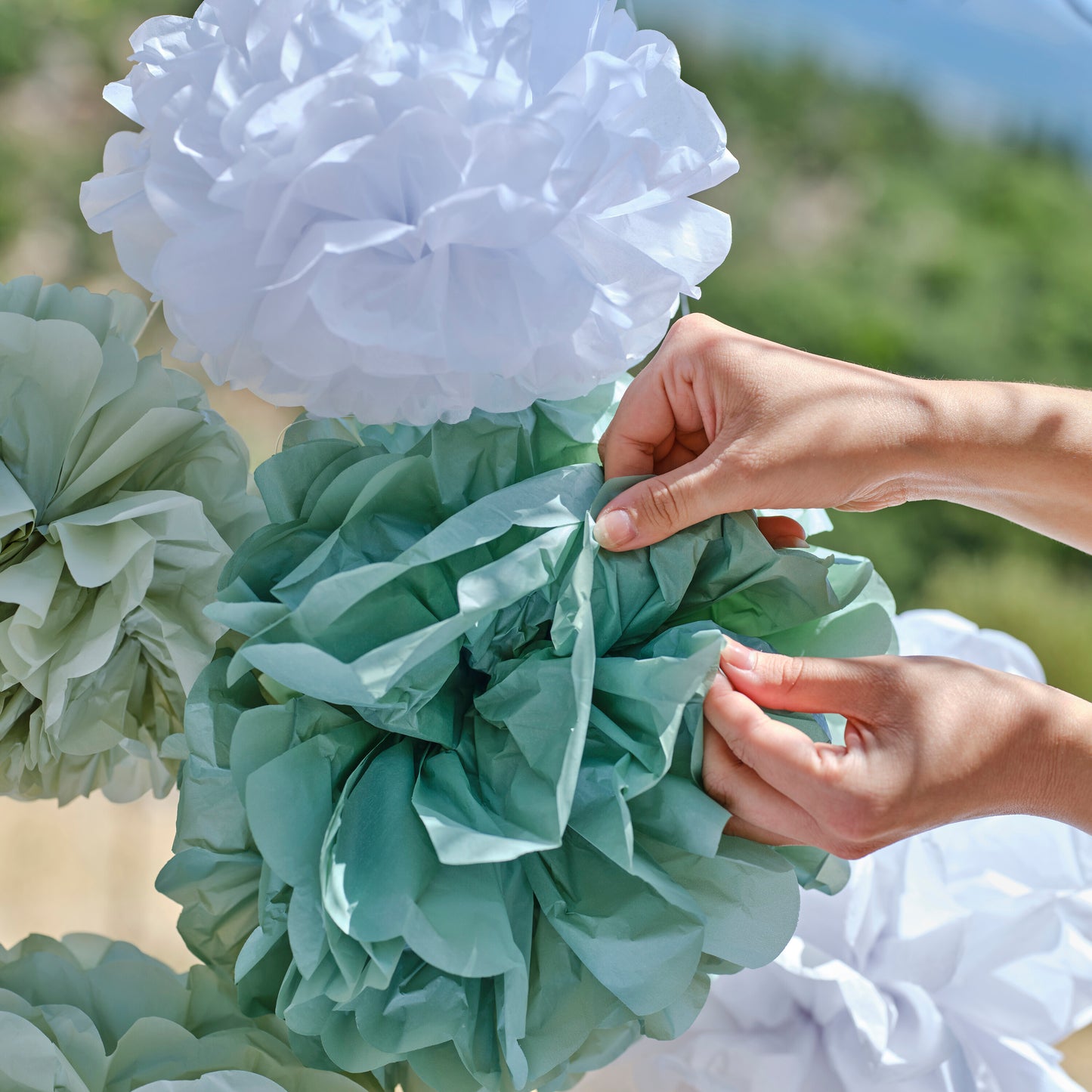 Sage and White Pom Pom Hanging Decorations