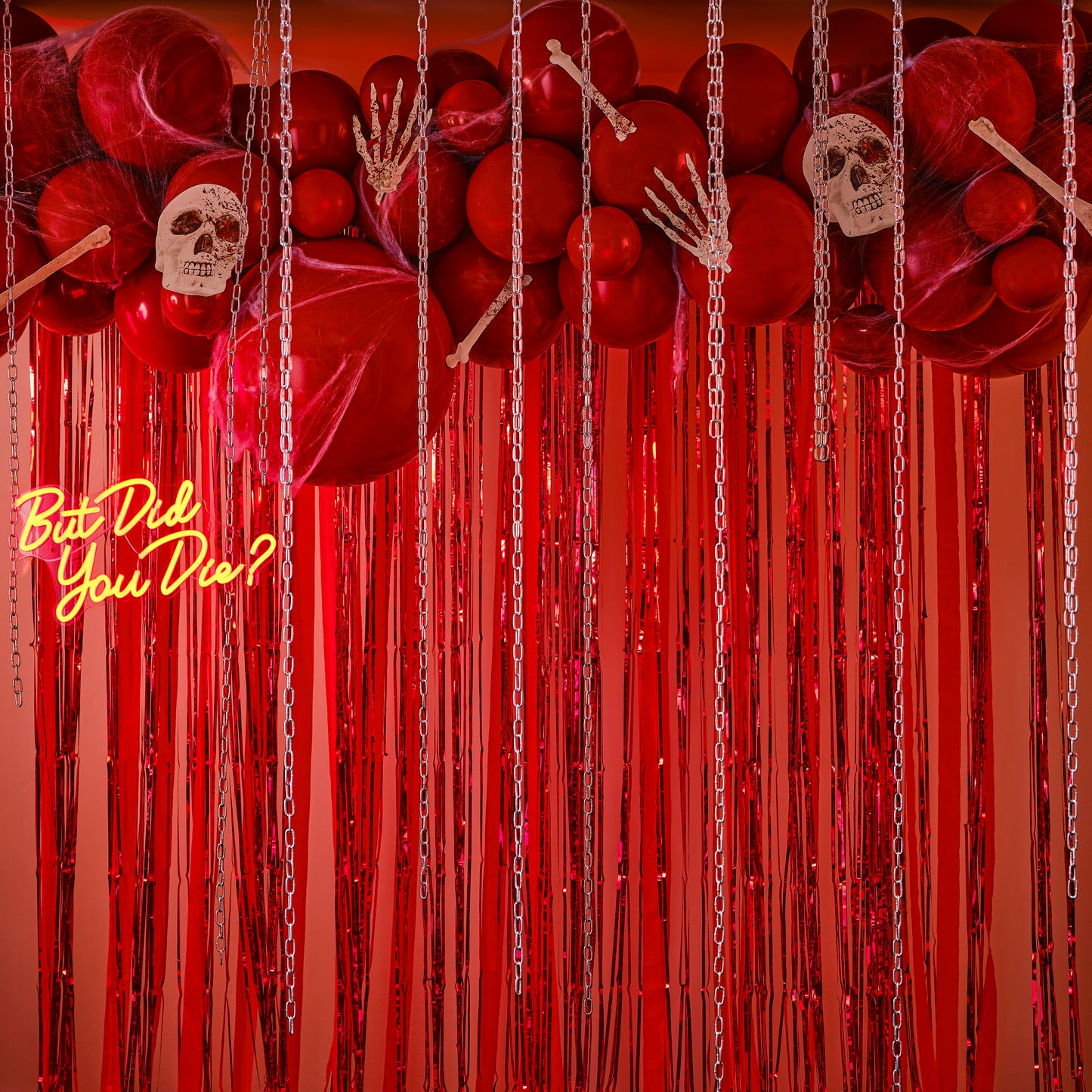 Red Halloween Balloon Arch with Streamers, Card Bones & Skulls
