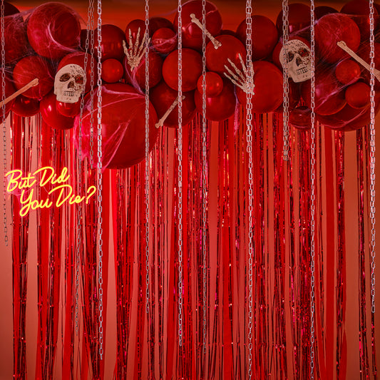 Red Halloween Balloon Arch with Streamers, Card Bones & Skulls