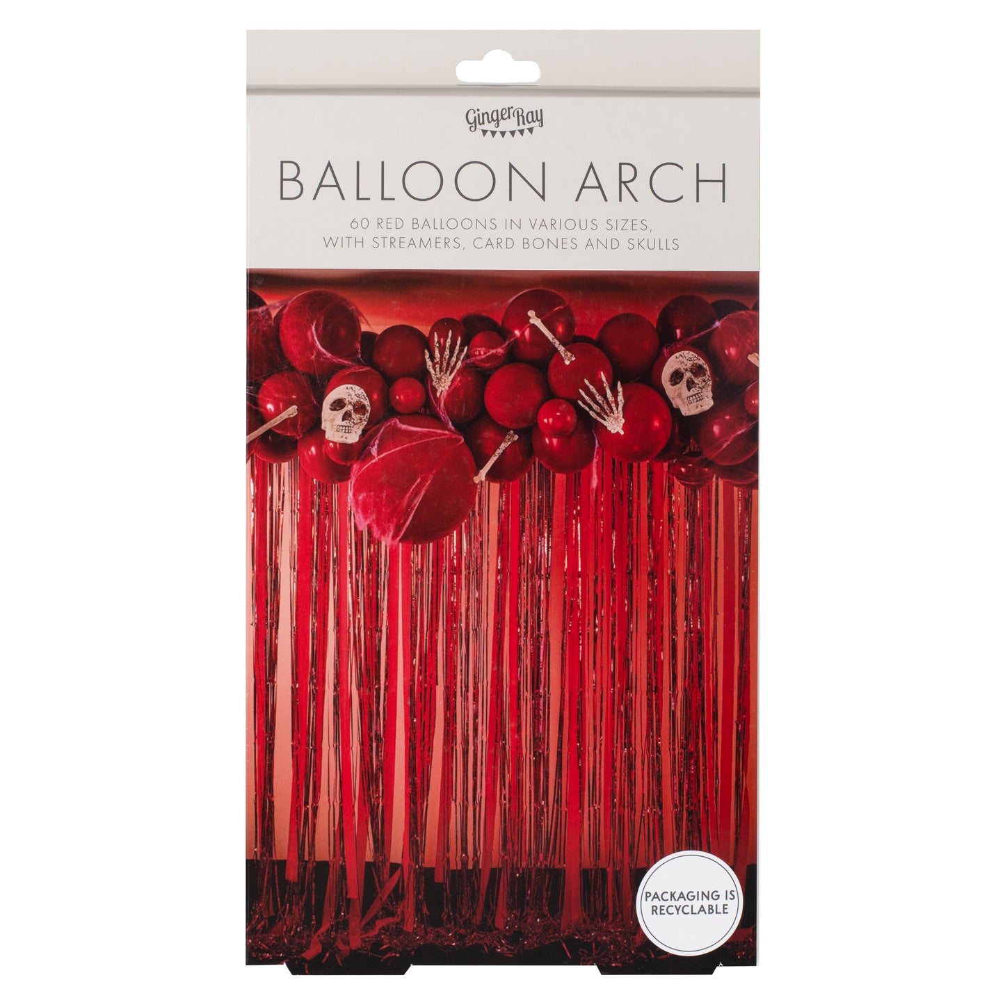 Red Halloween Balloon Arch with Streamers, Card Bones & Skulls