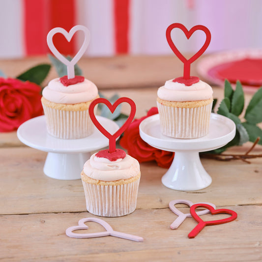 Wooden Red and Pink Heart Cupcake Toppers