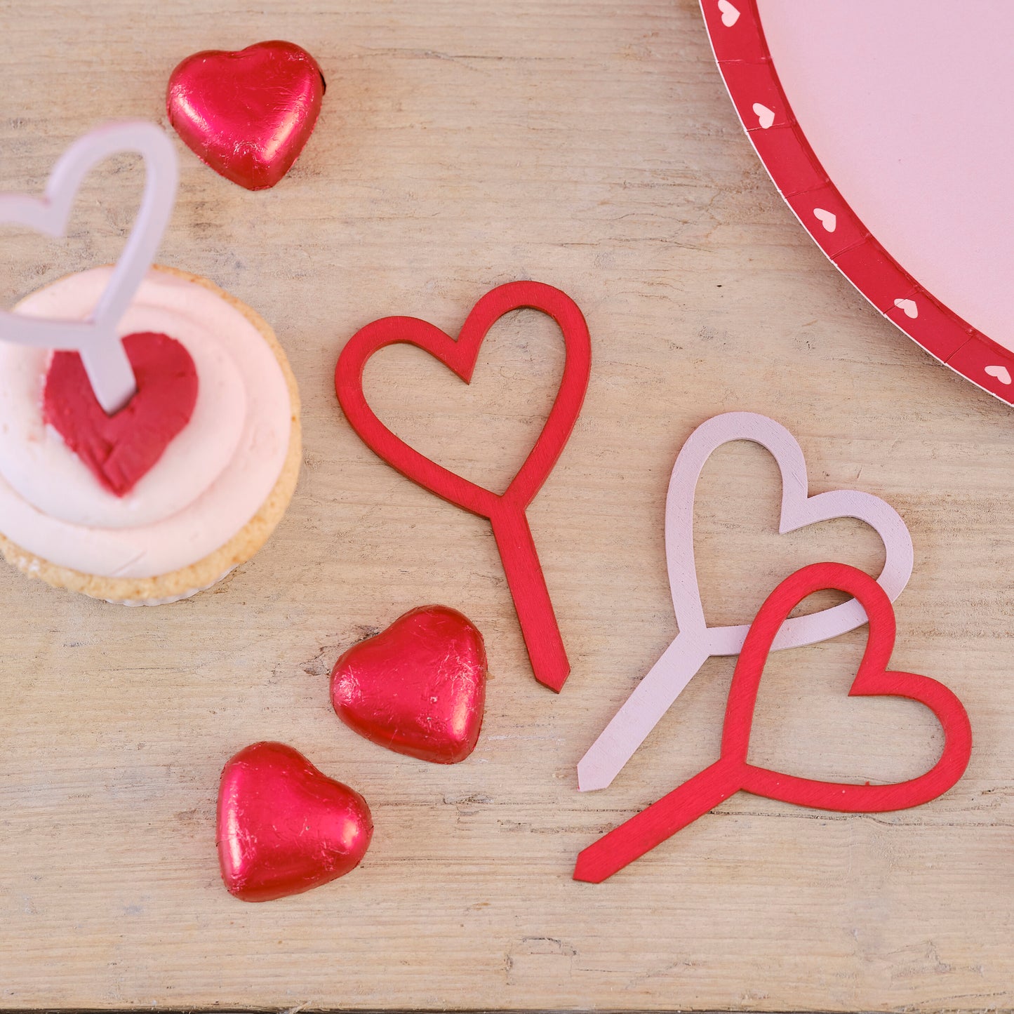 Wooden Red and Pink Heart Cupcake Toppers