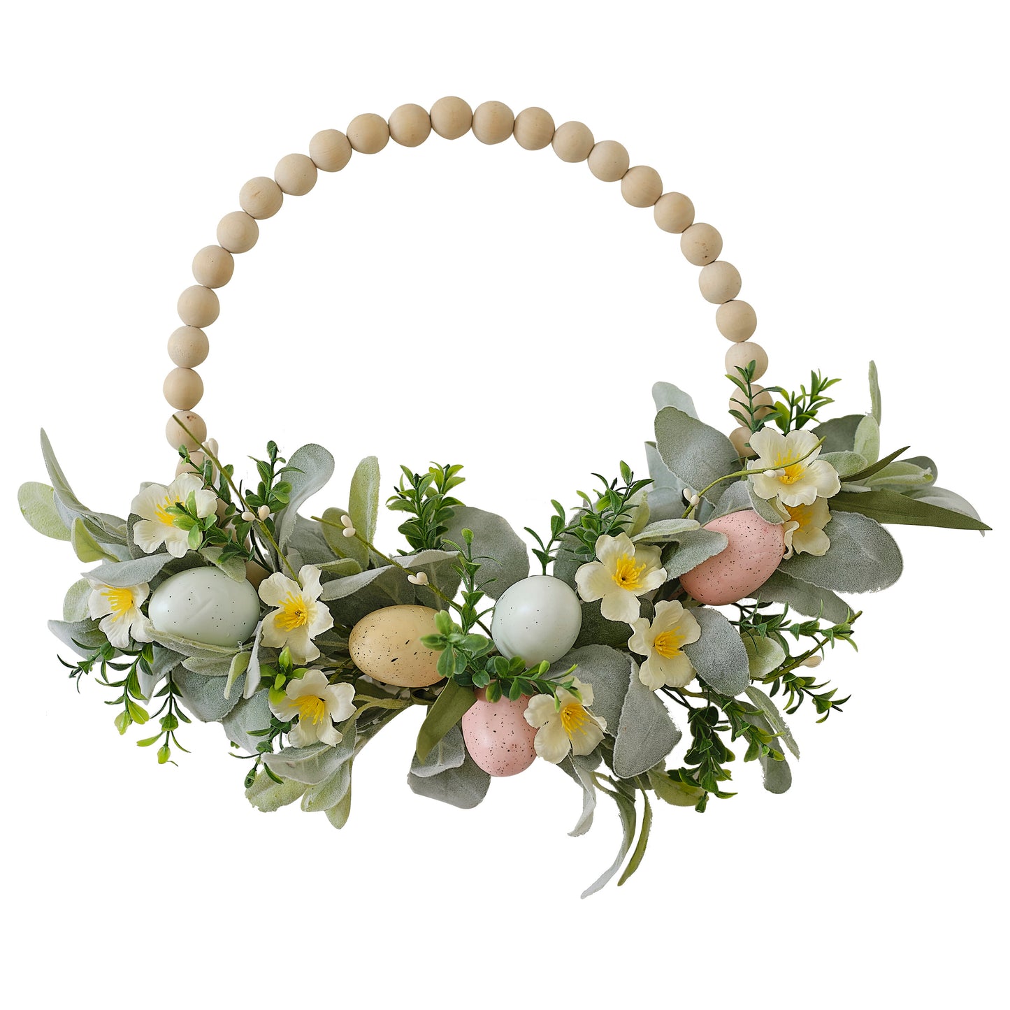Wooden Bead and Foliage Spring Wreath