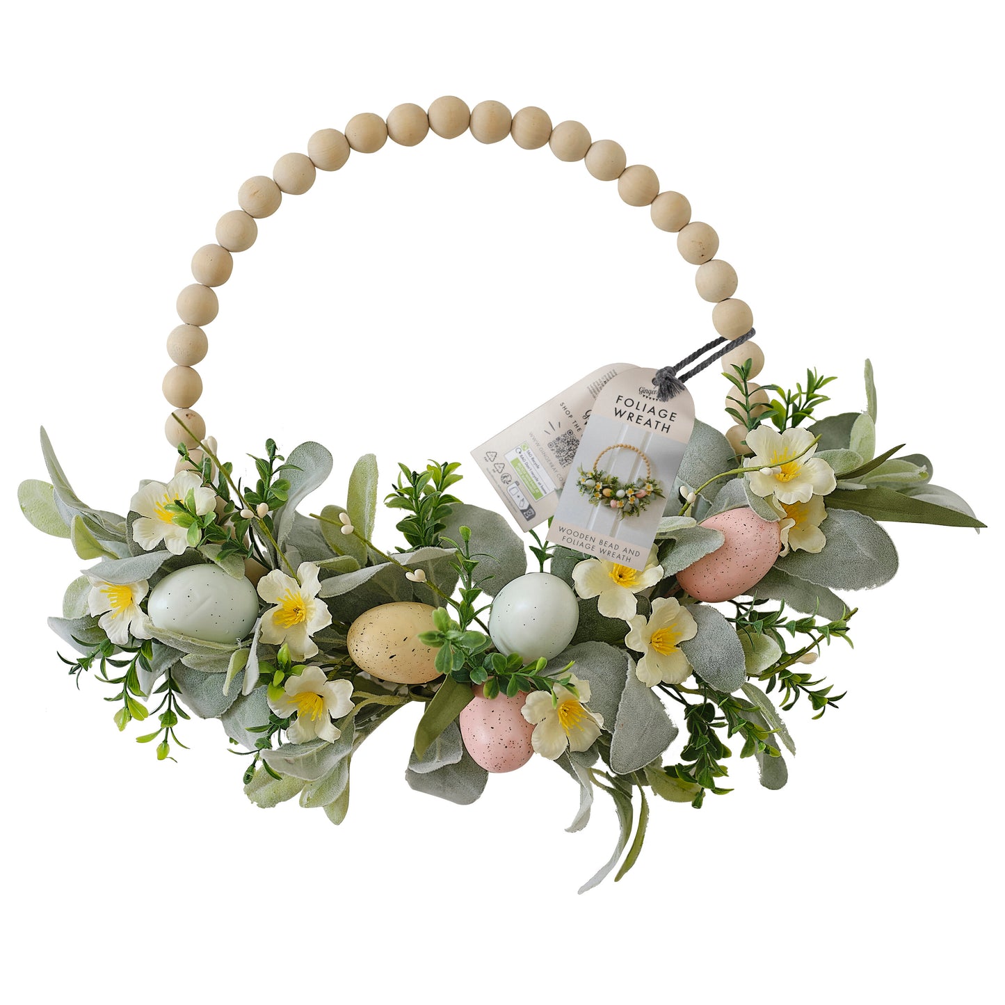 Wooden Bead and Foliage Spring Wreath