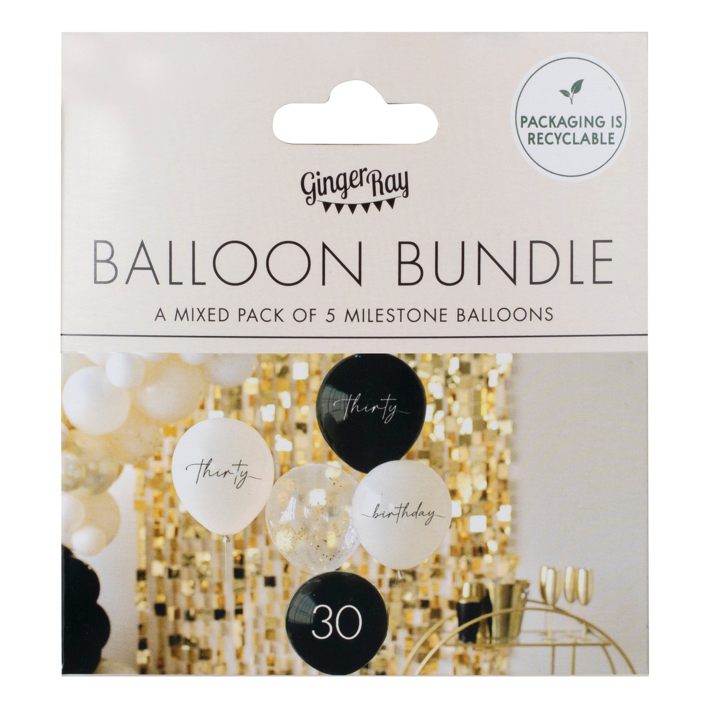 Black, Nude, Cream and Champagne Gold 30th Birthday Party Balloons