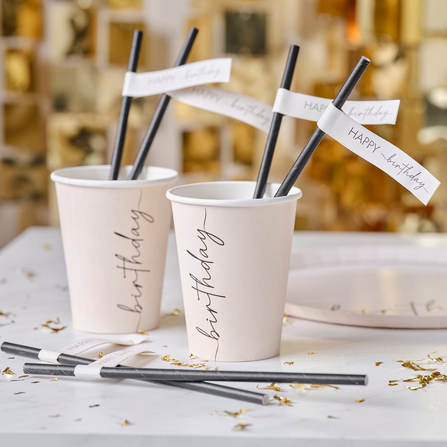 Nude and Black Happy Birthday Paper Straws