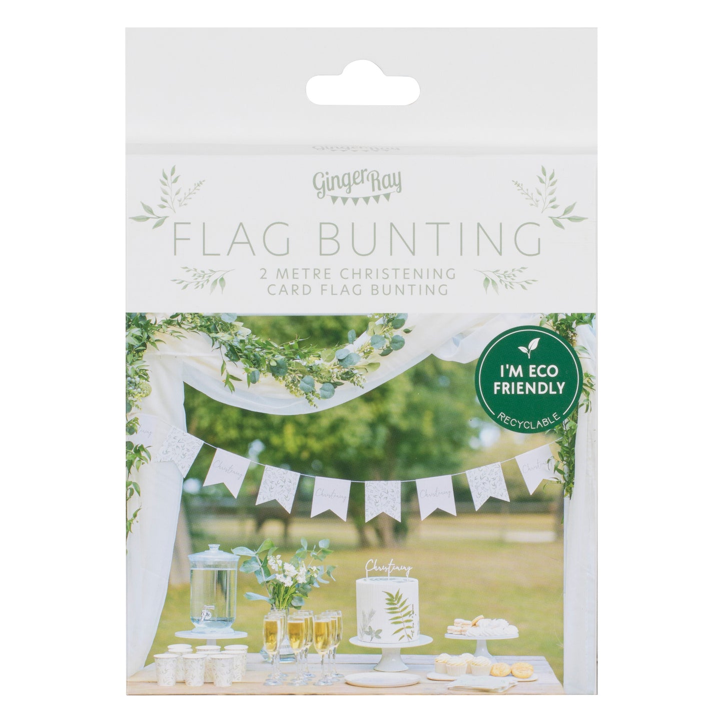White and Green Botanical Christening Bunting