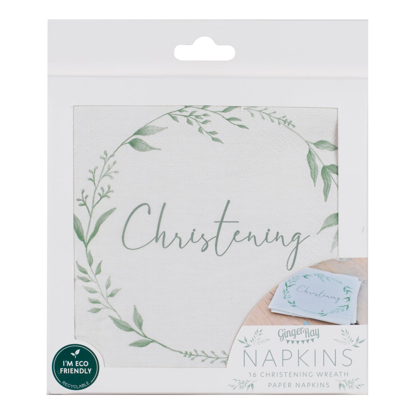 White and Green Christening Paper Napkins