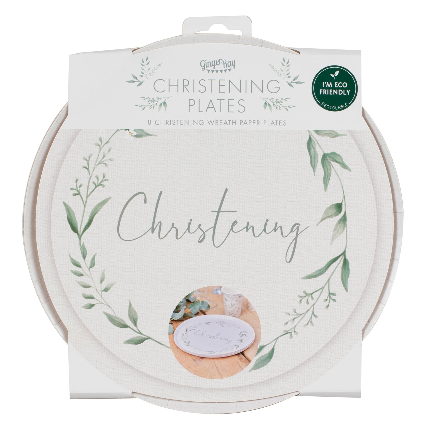 White and Green Christening Paper Plates
