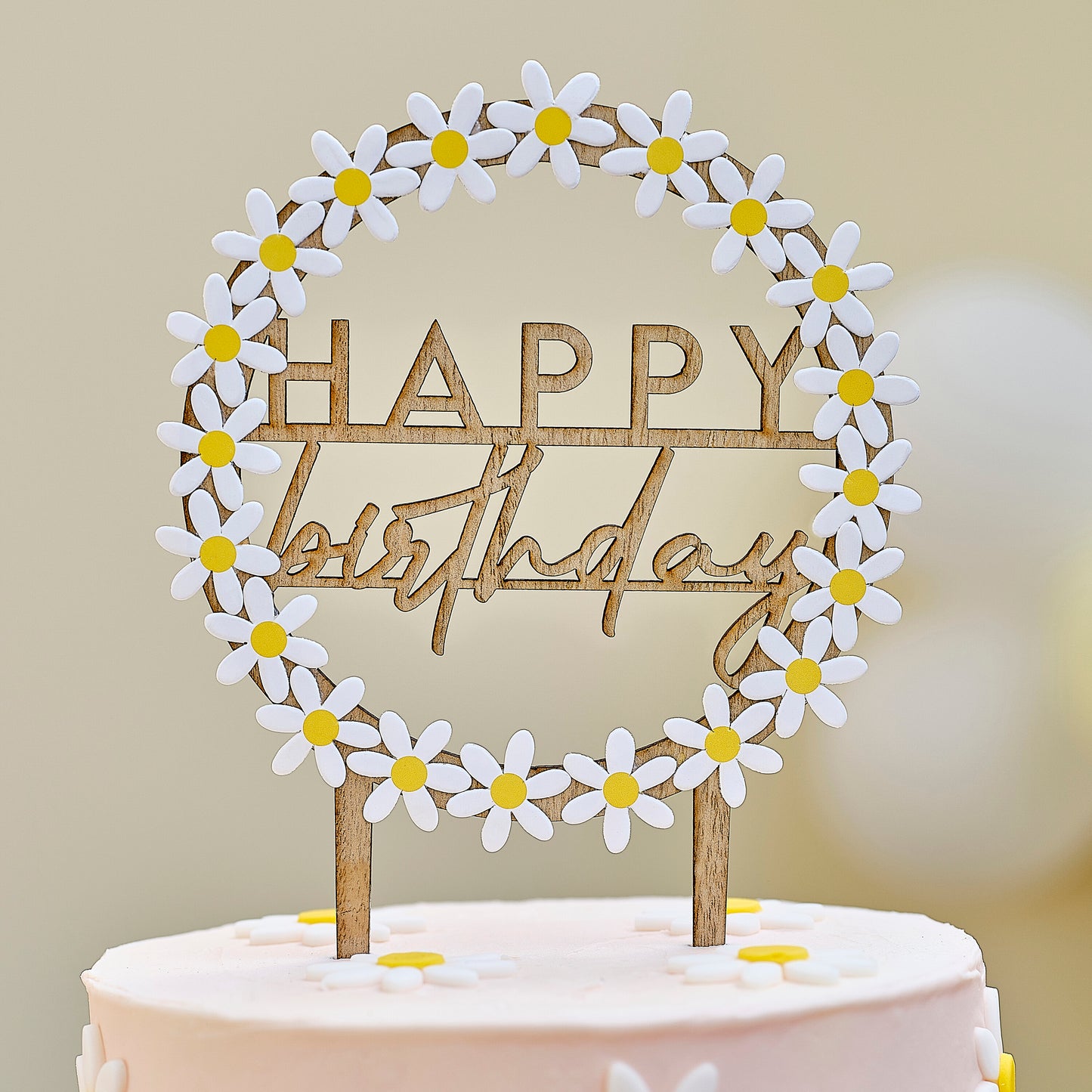 Wooden Happy Birthday Cake Topper with Daisies