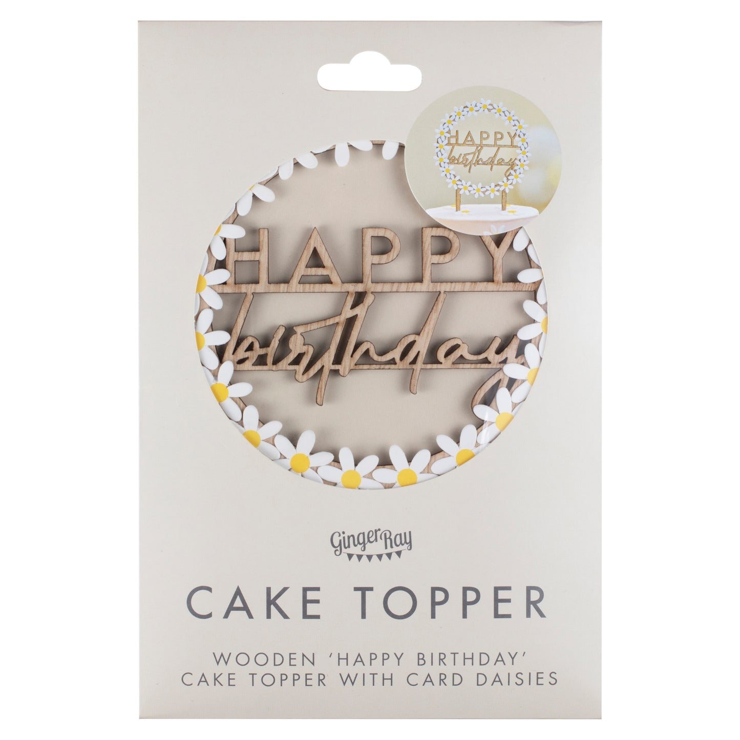 Wooden Happy Birthday Cake Topper with Daisies