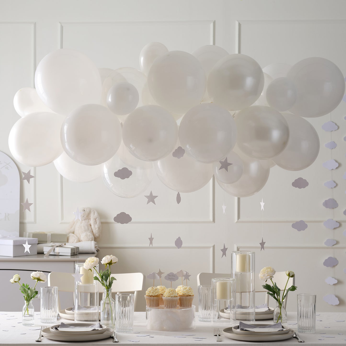 White Balloon Arch Kit with Cloud and Star Tails