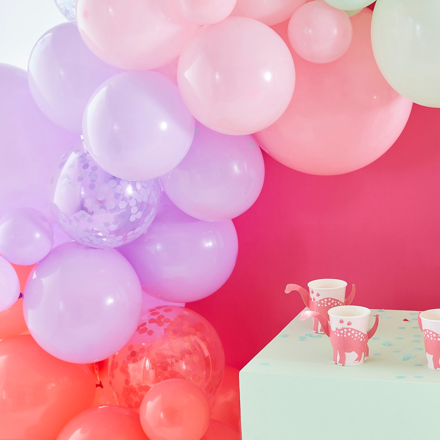 Pink, Lilac, Pastel Green and Confetti Balloon Arch