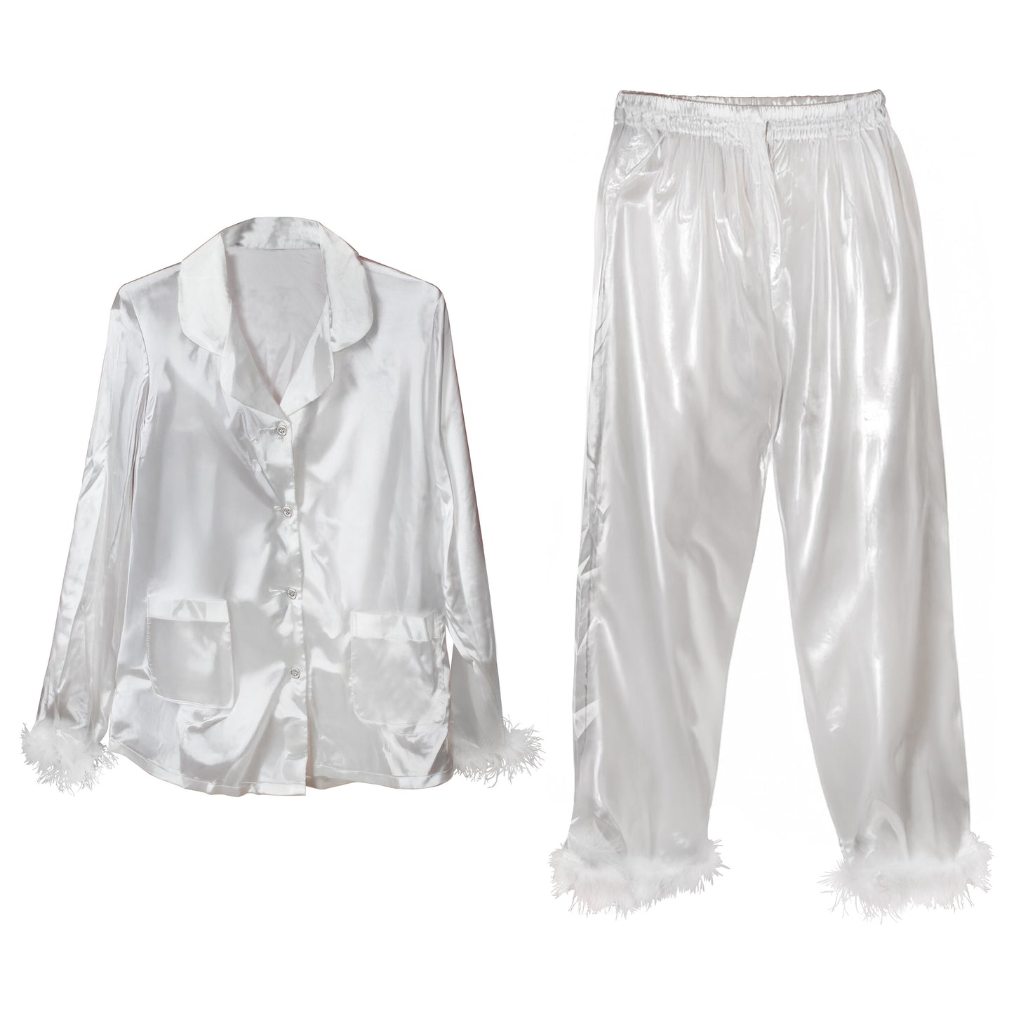 White Satin Pyjamas with Feather Trims - Medium