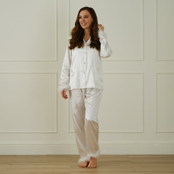 White Satin Pyjamas with Feather Trims - Large – Ginger Ray