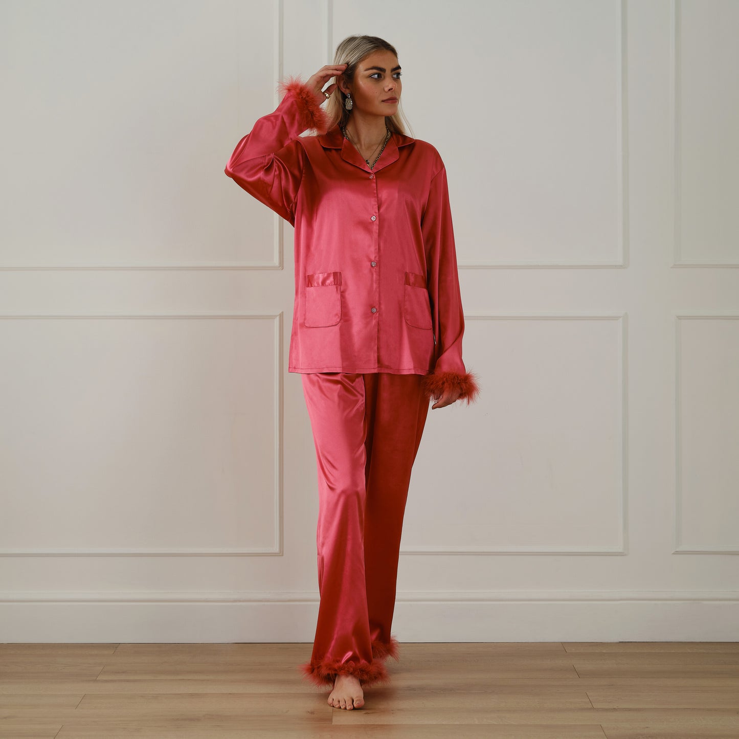 Pink Satin Pyjamas with Feather Trims - Extra Large