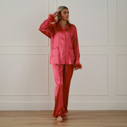 Pink Satin Pyjamas with Feather Trims - Extra Large