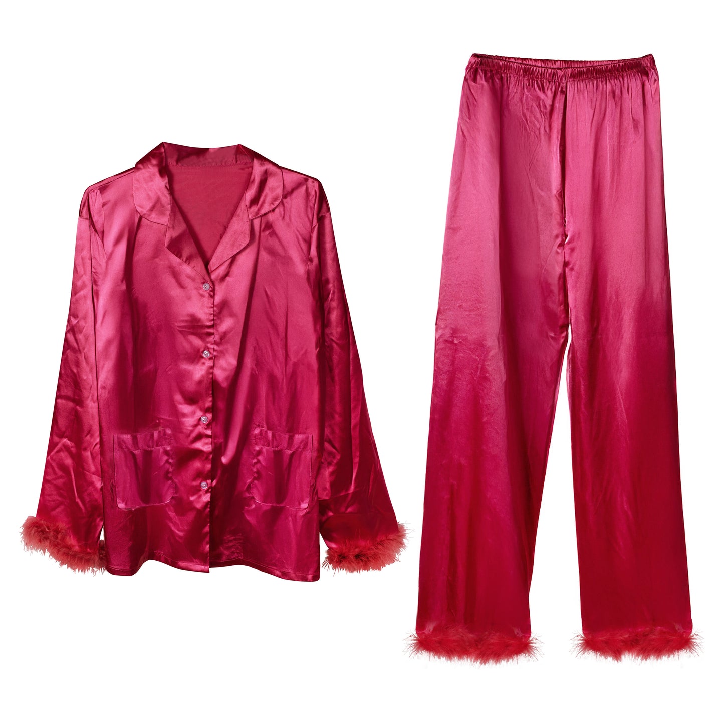 Pink Satin Pyjamas with Feather Trims - Extra Large