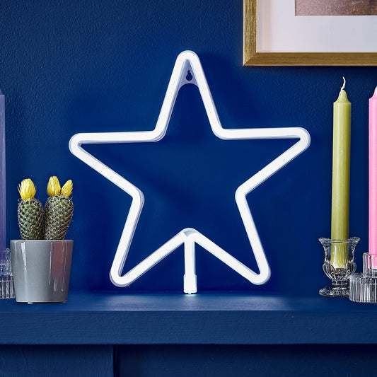Large White Light Up Star Neon Light