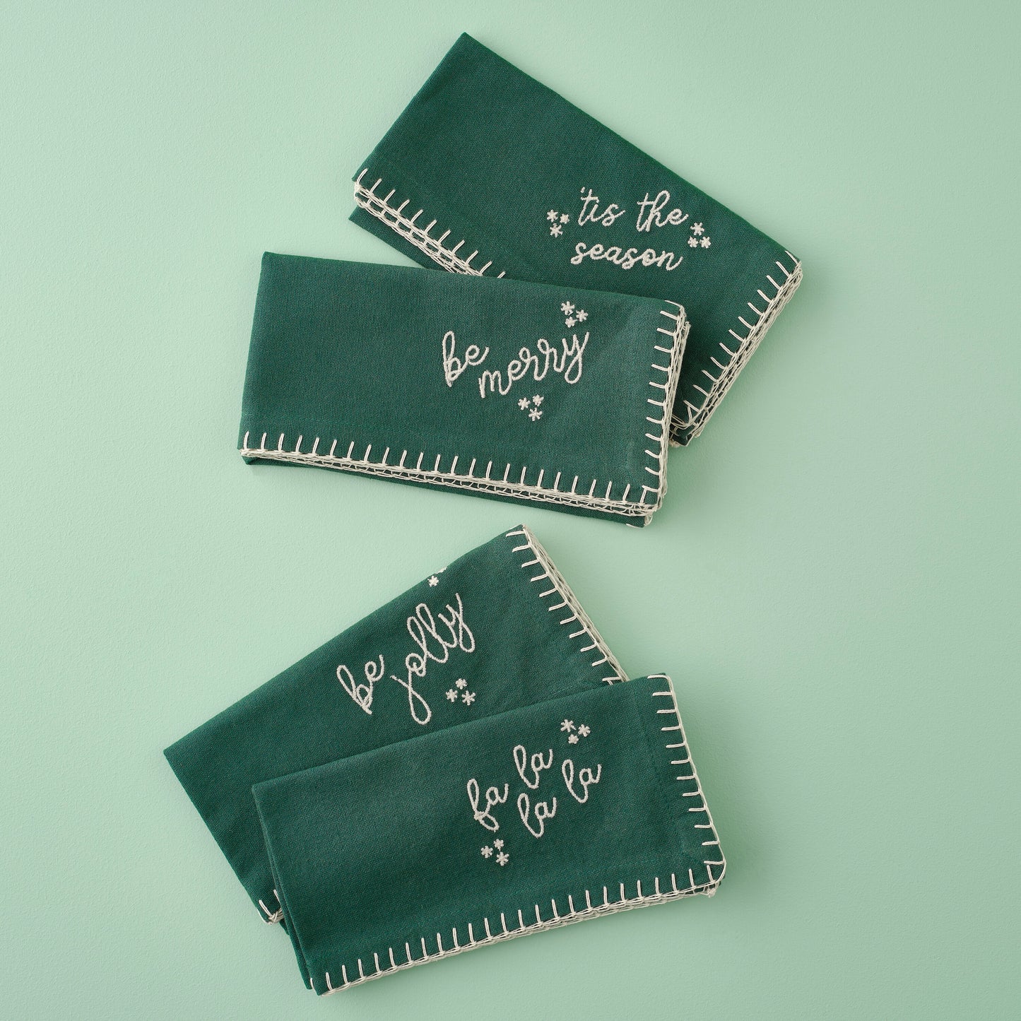 Green Cotton Christmas Napkins with Embroidery