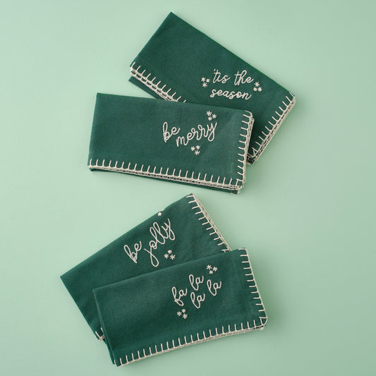Green Cotton Christmas Napkins with Embroidery
