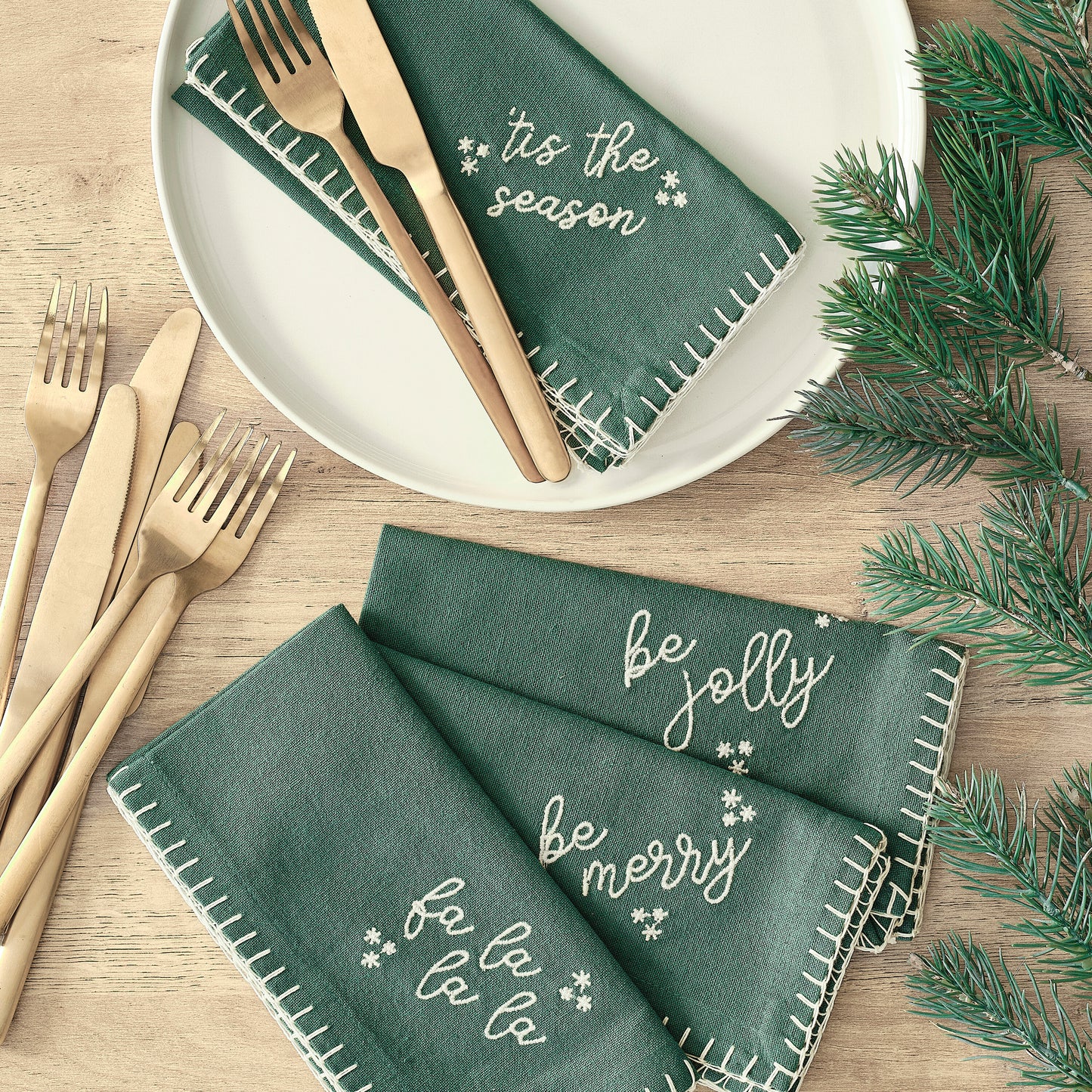 Green Cotton Christmas Napkins with Embroidery