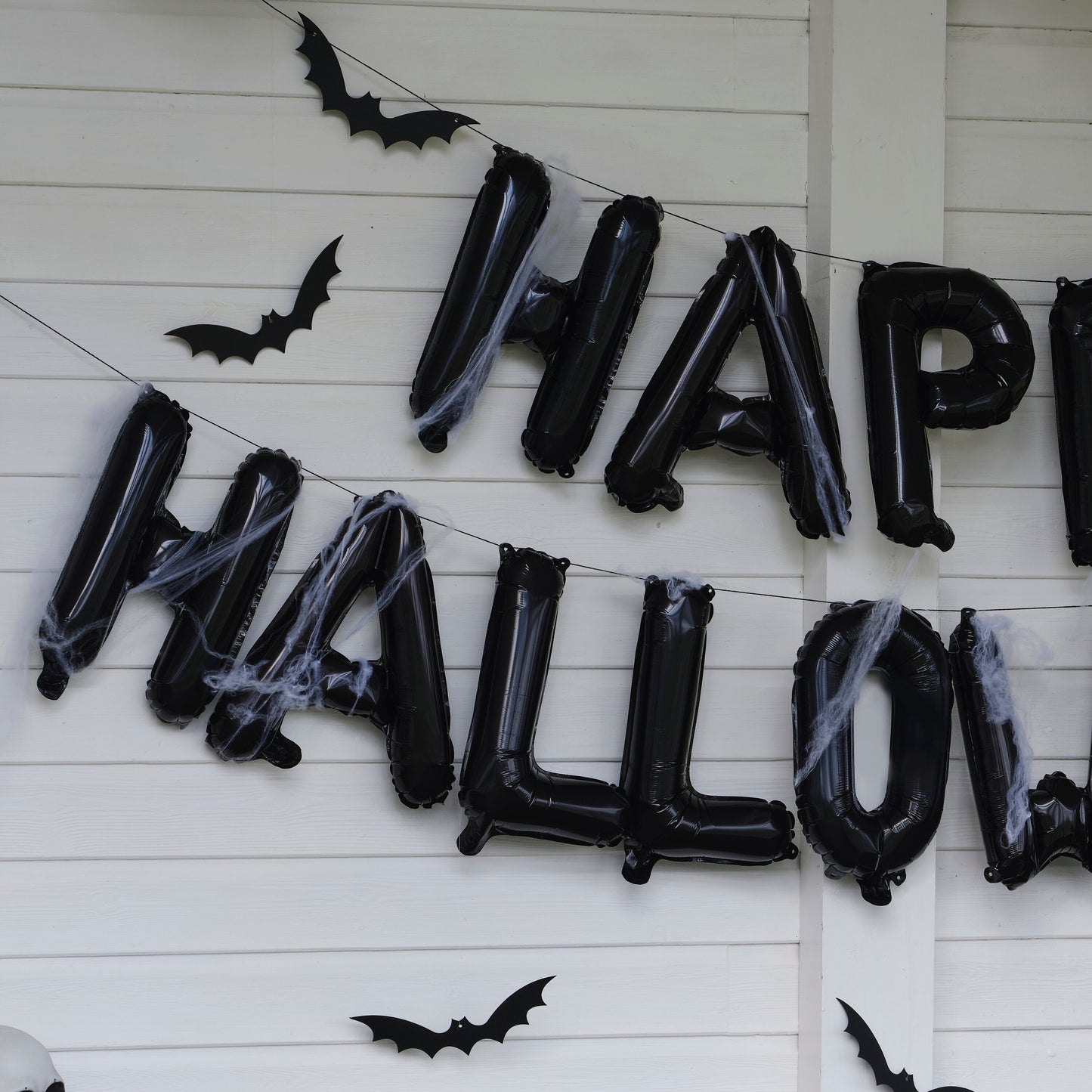 Happy Halloween Balloon Bunting with Hanging Bats and Cobwebs