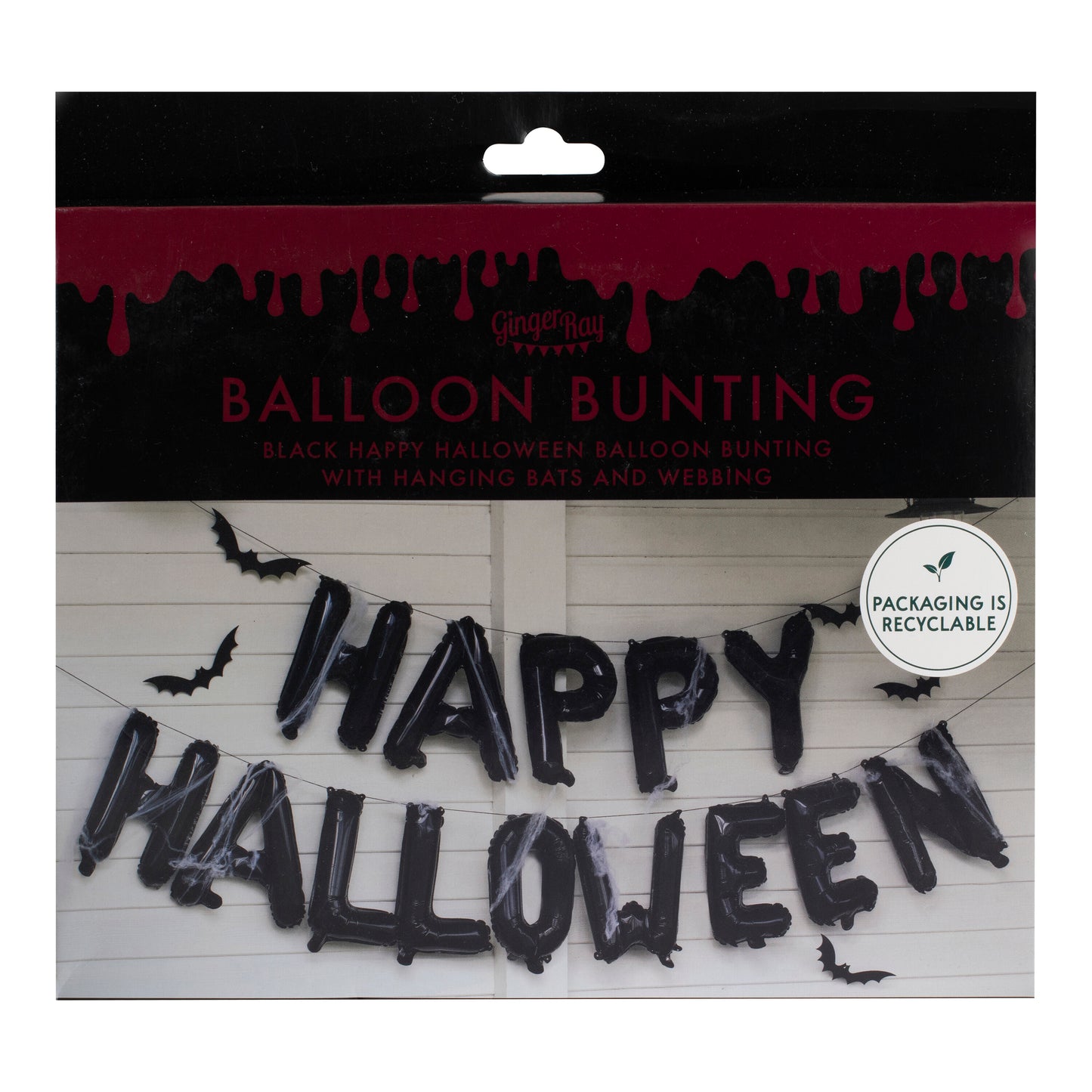 Happy Halloween Balloon Bunting with Hanging Bats and Cobwebs